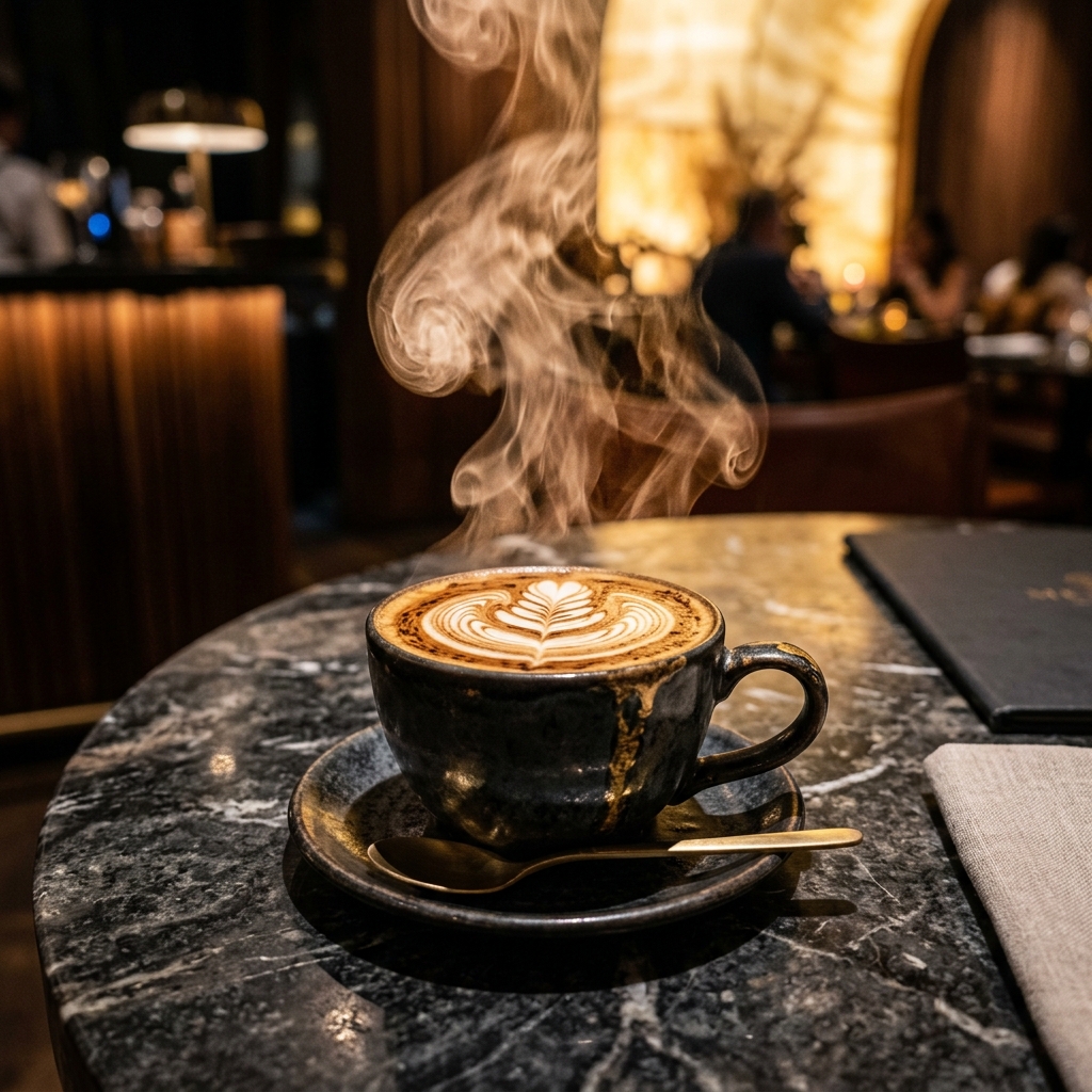 A perfect artisan latte art on a luxury dark marble table